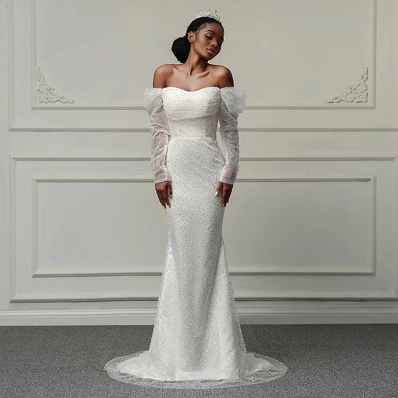 New Foreign Trade Wedding Dress African Mermaid Slim-fit Elegant Fishtail Long Bead Embroidery Lace-up Tail