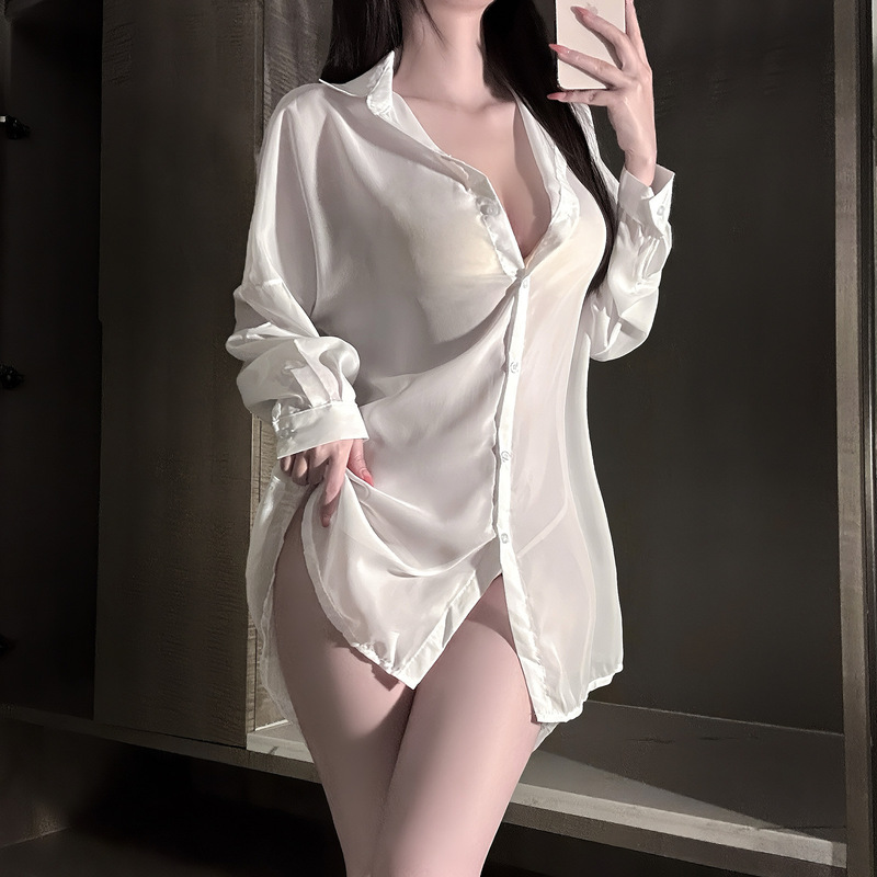 Sexy Lingerie with a Pure and Alluring Design, Hot and Easy-To-Remove Boyfriend-Style Open-Front See-Through Long-Sleeve Women's Lingerie