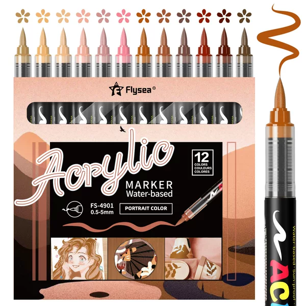 Flysea 4901-12 Color Series Direct Liquid Acrylic Markers Can Be Layered for Children's Painting and DIY Graffiti