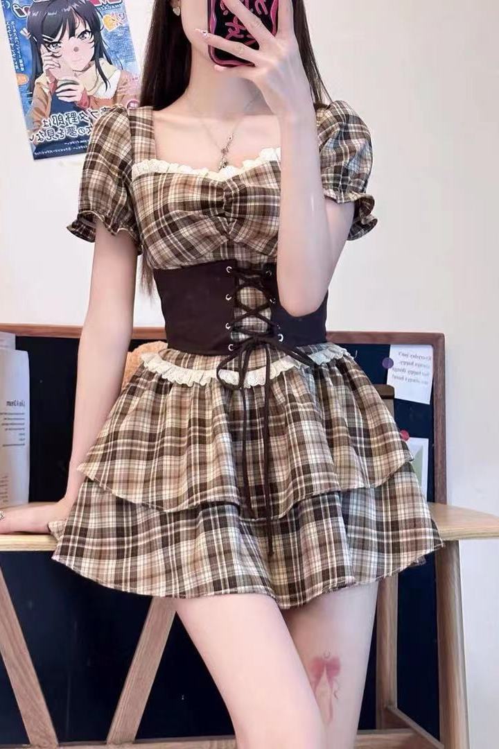 美式复古格纹连衣裙套装女学院风束腰显瘦腰封+制服裙子两件套