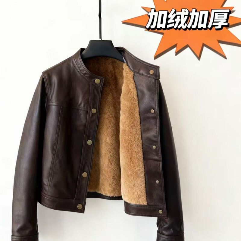 Fleece-Lined Thickened Autumn and Winter Stylish Short Stand-Collar Leather Jacket Women's Coat with Buttons