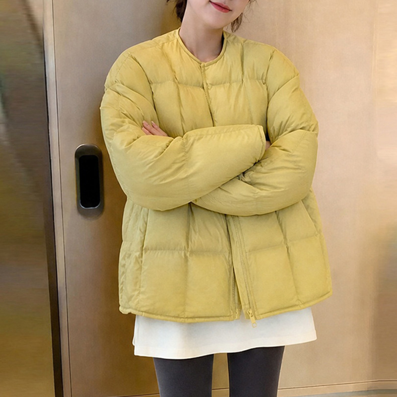 简约保暖面包服外套女2026冬季新款欧货宽松减龄轻薄无领羽绒棉服