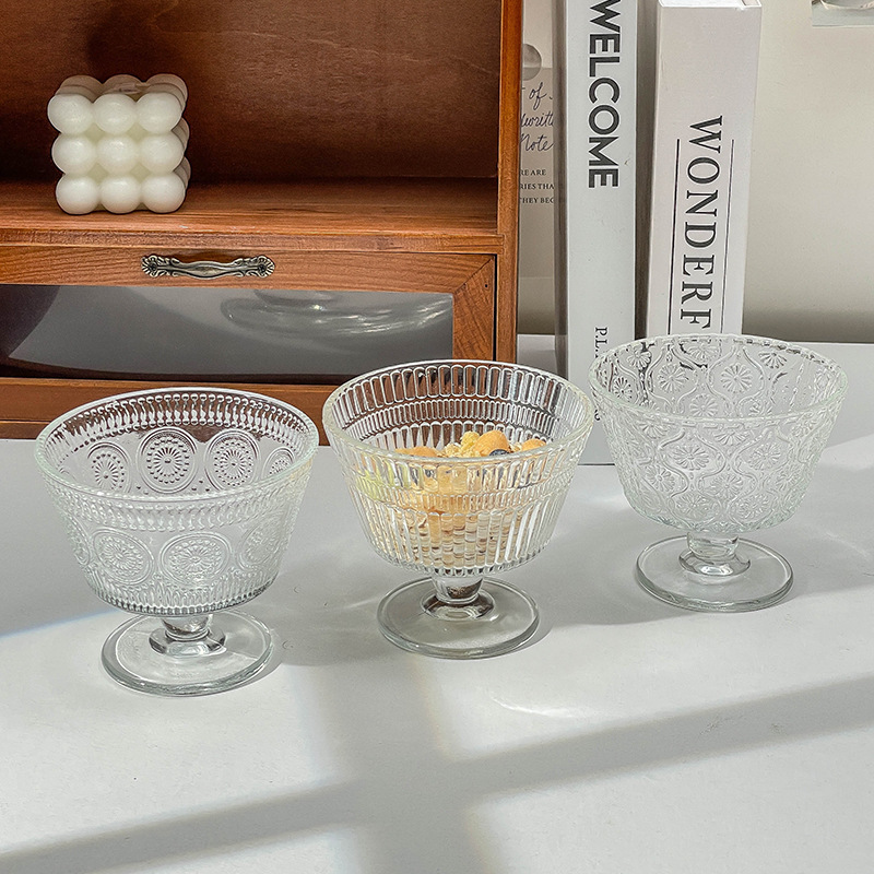 レトロなレリーフ太陽花ガラスボウルins風家庭用アイスクリームアイスクリームボウルヨーグルトオート麦朝食デザートボウル|undefined