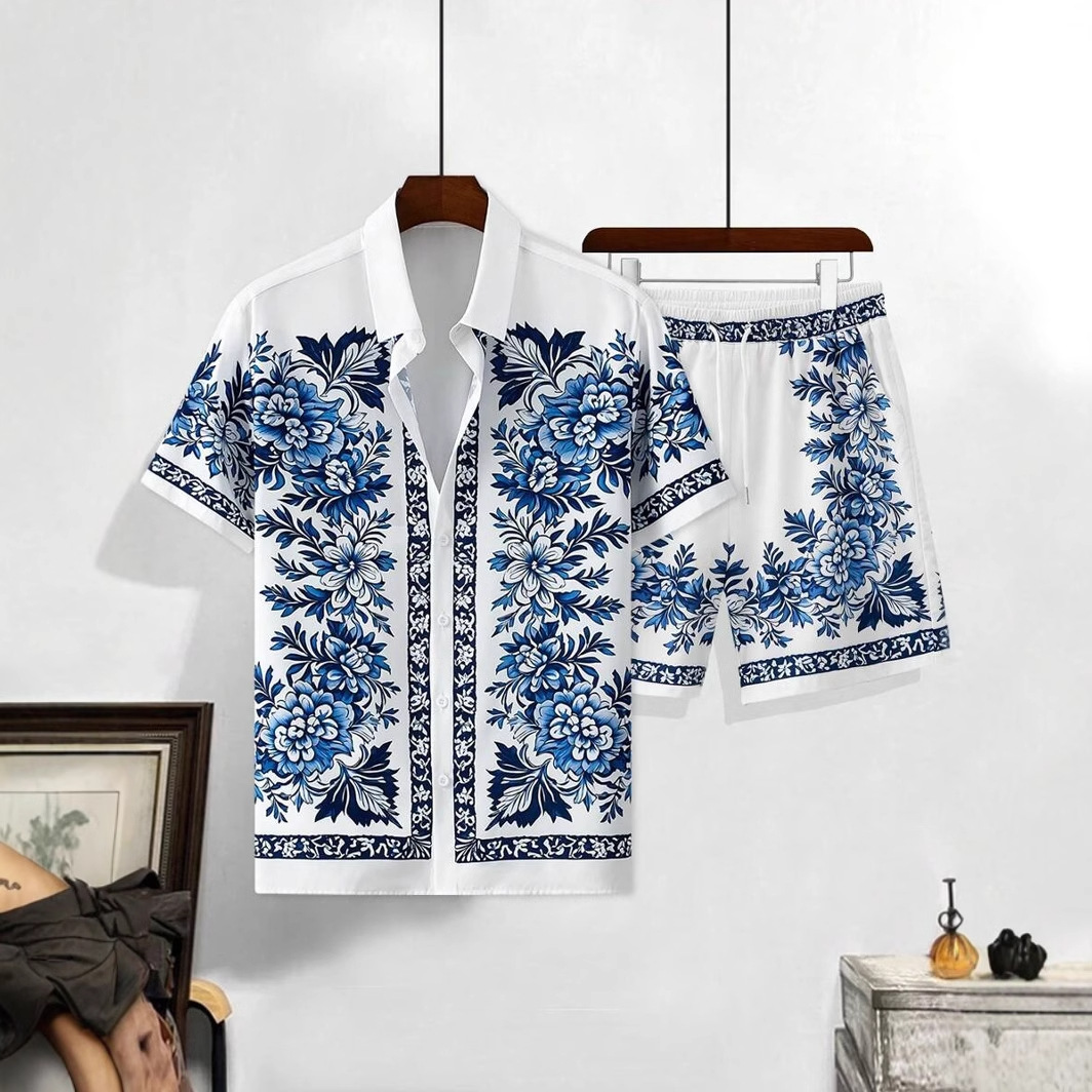 Patrón de flores retro Impresión digital 3D Comercio exterior Xiyin Summer Hawaii Vacaciones Camisa Shorts Conjunto 2 piezas