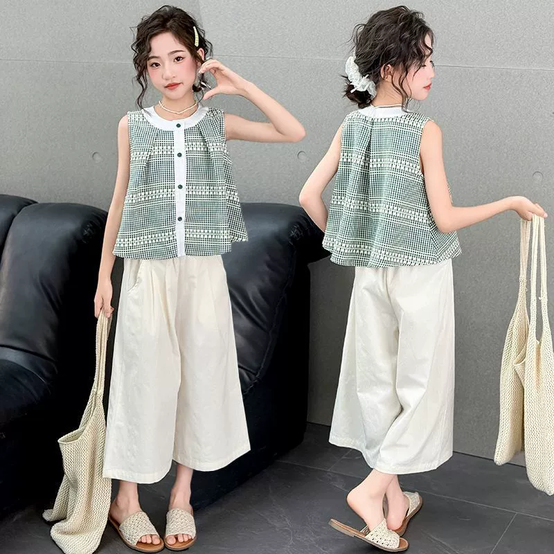 Летний комплект для девочек 2025, новый корейский стиль, модный детский универсальный повседневный летний двухкомпонентный набор для старших девочек