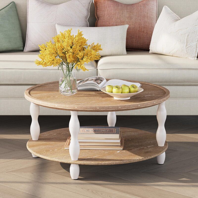 Factory Wholesale Round Coffee Table, Solid Wood Veneer Double-Layer Coffee Table with Storage Shelf, Rustic Farmhouse Style