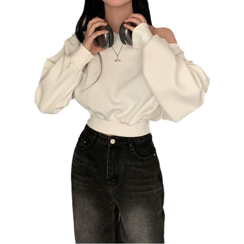 Южная Корея шикарный осенне-зимний нишевый темпераментный Свободный Повседневный Универсальный однотонный свитер с открытыми плечами и короткими длинными рукавами для женщин