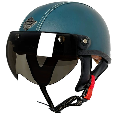 men's and women's half helmet, Motosiklet kaskı (dəbilqə) - blue-flat-leather-helmet-w-tea-mirror-m