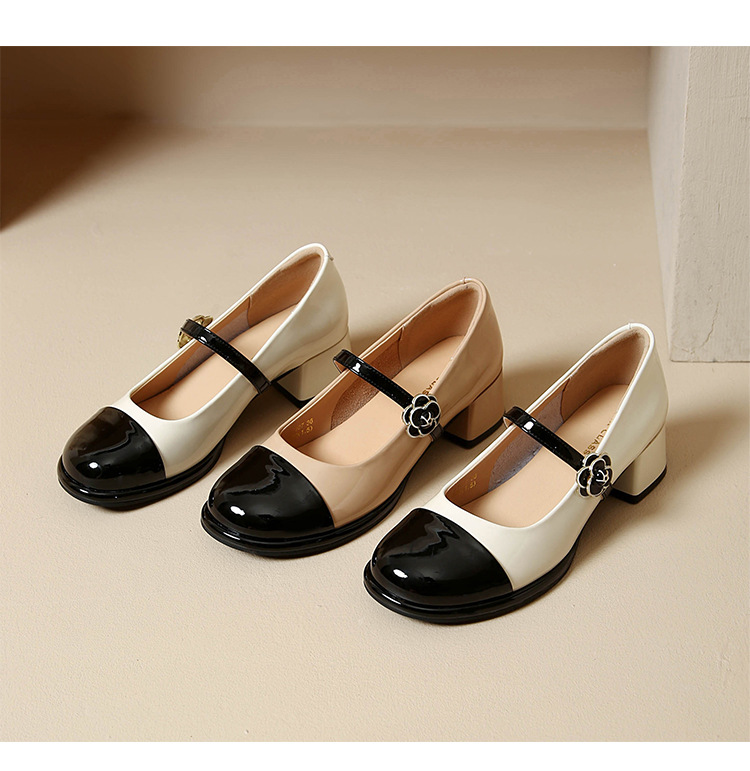Giày Mary Jane nữ quai ngang cổ điển, gót vuông, mũi nhọn — AW107 mét Đen chi tiết 21