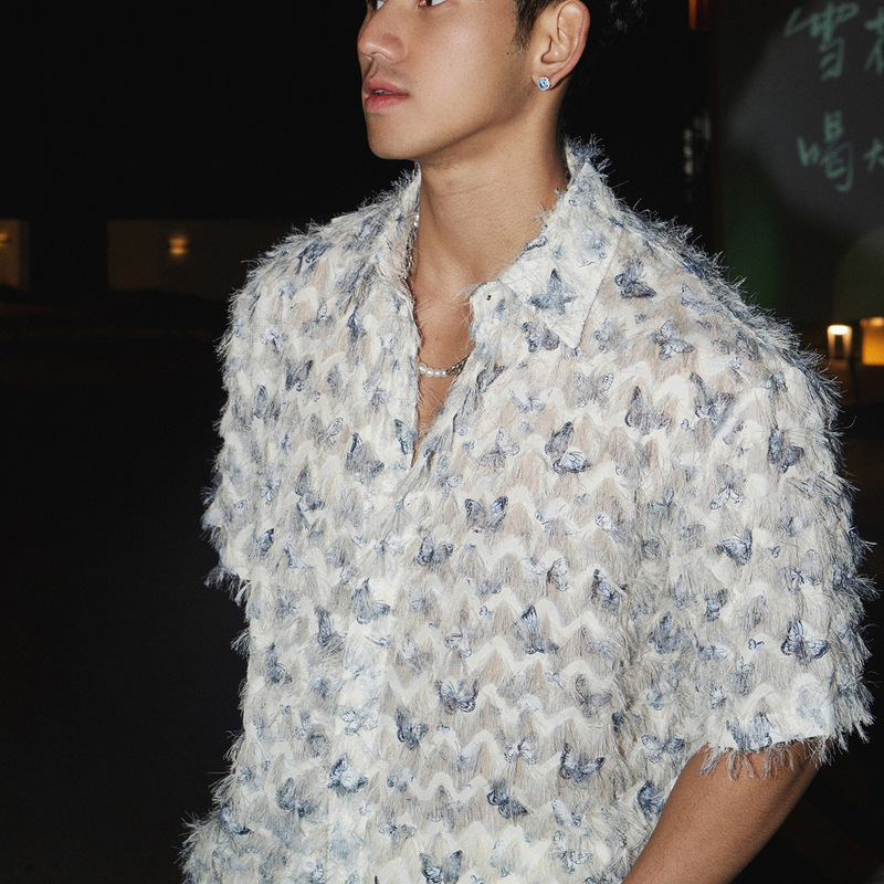 Plus Size Trendy Brand Men's Summer New Butterfly All-Over Printed Handsome Top Exquisite Tassel Fabric Short-Sleeved Shirt