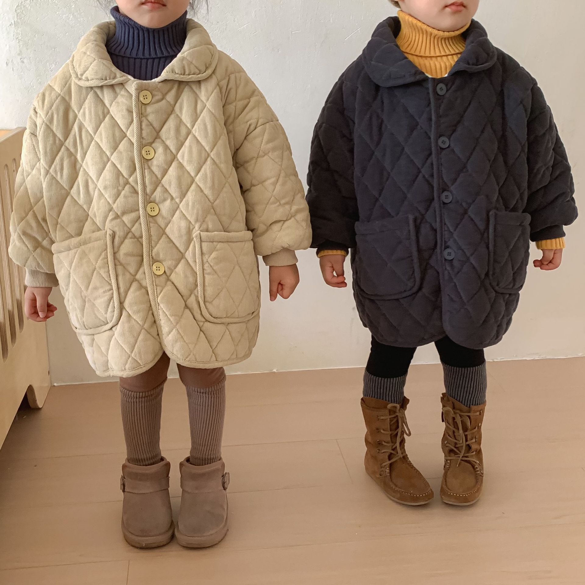 Children's padded coat plus velvet mid-length corduroy boys' padded clothes girls' thickened winter 2022 new baby coat