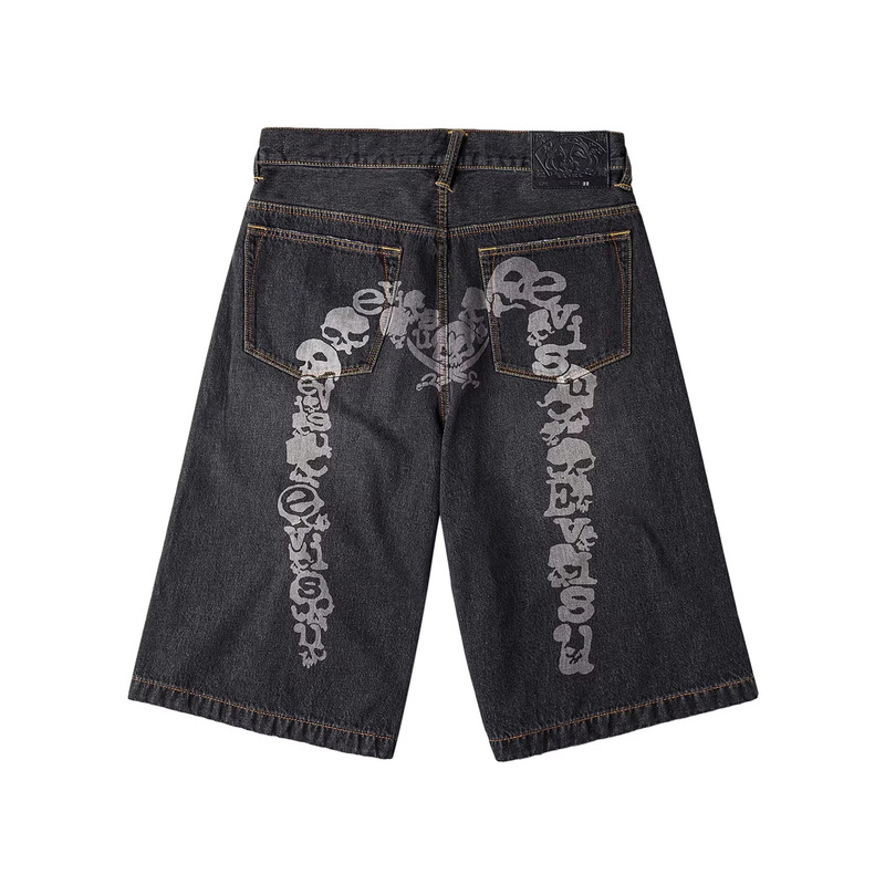 Cross-Border Trendy Brand Evisu Skull Print Denim Shorts for Men, Casual Street Style Straight Loose Five-Point Shorts for Men