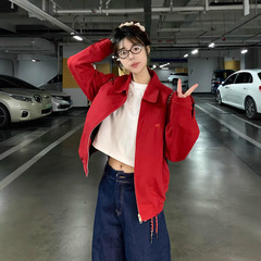 红色哈灵顿外套女春秋2025新款美式复古基础通勤男女款百搭夹克潮
