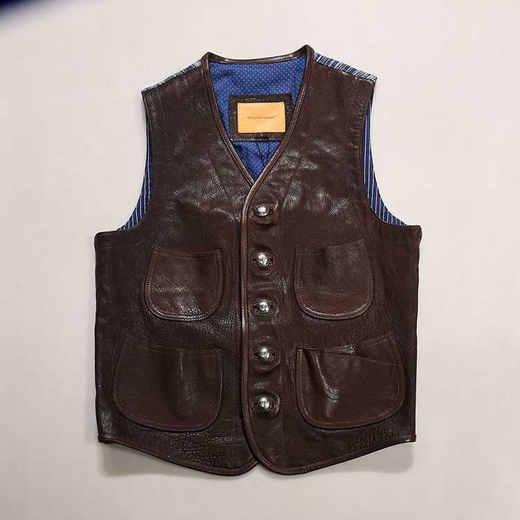 Description Picture 3 of item2024 New Spring Autumn Blue Dyed Clothing Genuine Leather Waistcoat Bikers Motorcycle Vest Male Sheepskin Sleeveless Coats