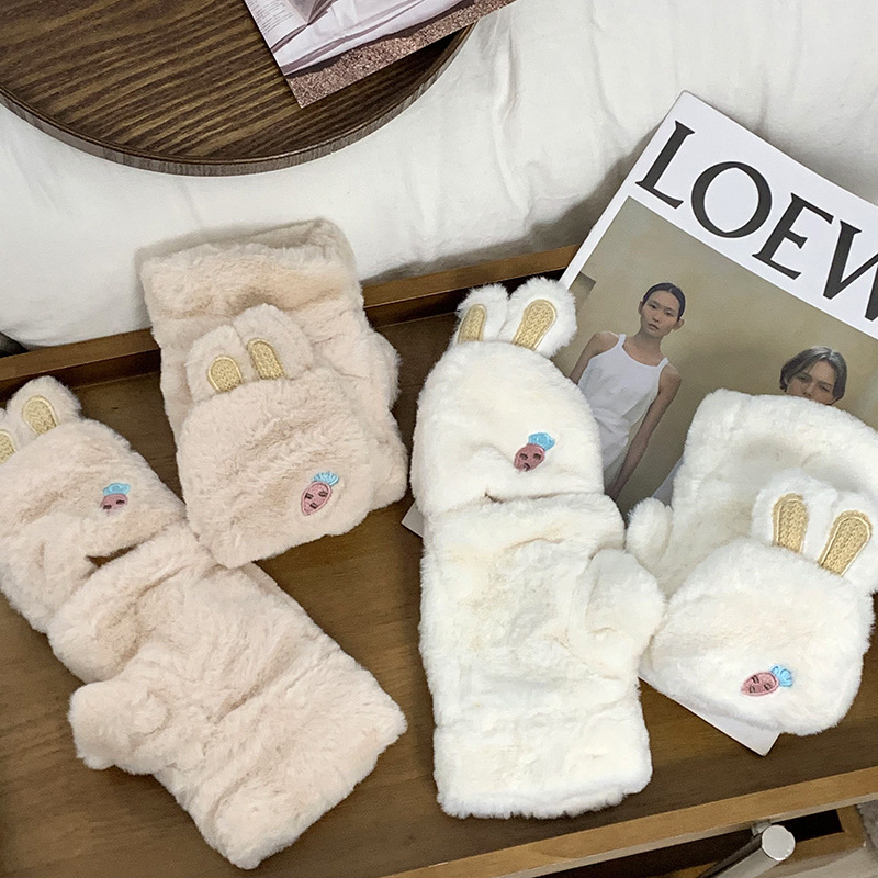 Guantes de peluche para mujeres otoño y invierno nuevo engrosado peludo flap cartón espinado guantes de dedo de caballo de caballo de caballo de orejas de conejo