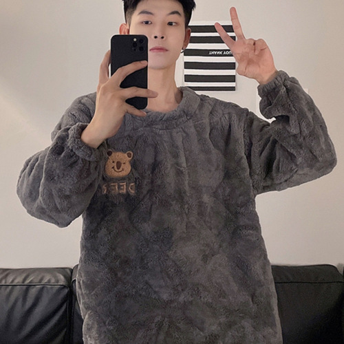 Crew Neck Grey Small Bear Fleece Padded Thick pyjamas for Autumn and Winter Men's Bestselling New Homecoming Clothes