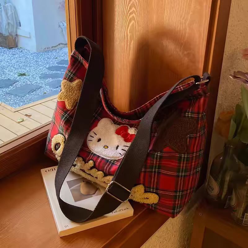 hellokitty大容量斜挎包女时尚可爱kt猫帆布包格子条纹通勤托特包|undefined