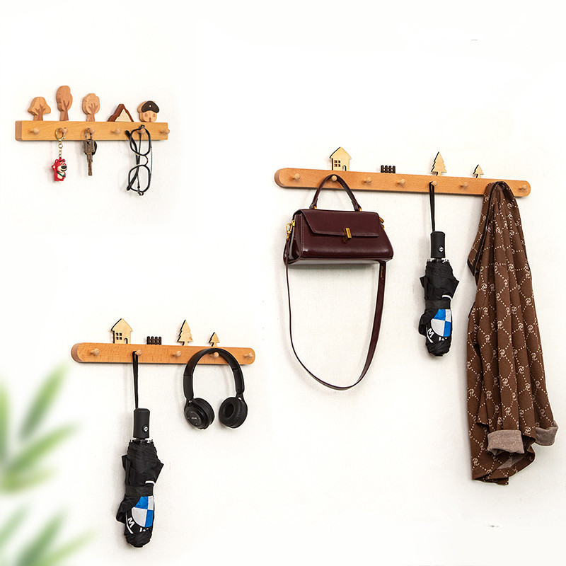 Wall-Mounted Coat Rack for Entryway, Creative Key Hook, Solid Wood, No-Drill Wall Hook for Clothes and Hats