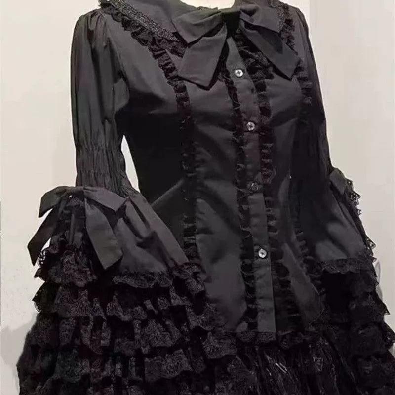 Лацел Blouse Lolita (женщина), бантик-воротник и рукава с оборками, кружевная отделка, размеры S–XXL