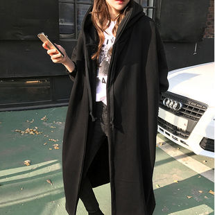 Spring and Autumn Thin Women's Chubby Girls 1.00 kg-150.00 kg Loose Large Size Cardigan Coat Zipper Hooded Dress Over-the-Knee Jacket
