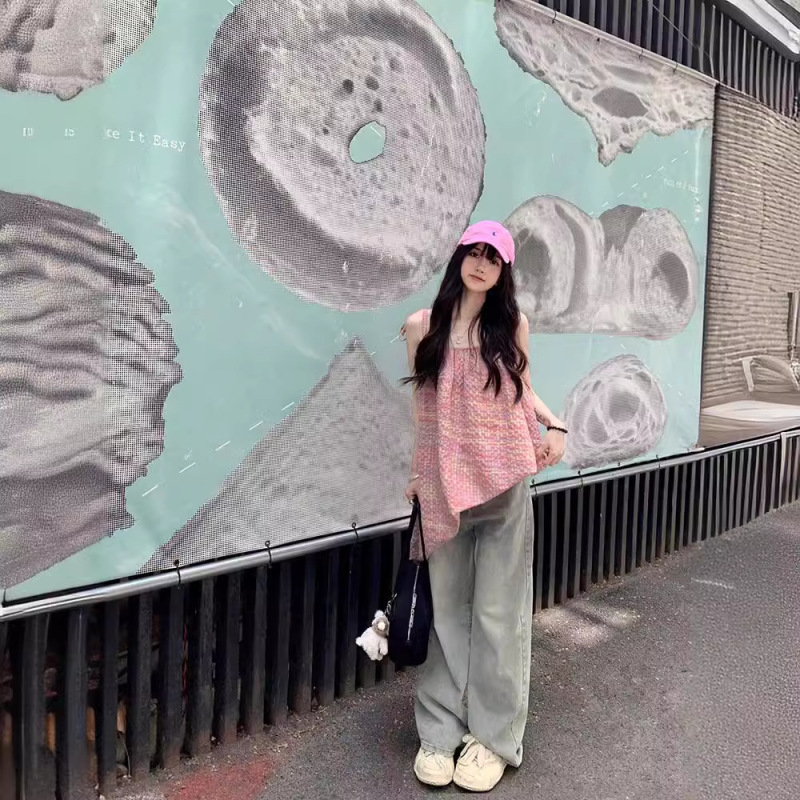 Plaid Pink Fresh Cute Camisole Women's 2024 Summer Korean Style Design Irregular Hem Top Plaid Pink Fresh Cute Camisole Women's 2024 Summer Korean Style Design Irregular Hem Top