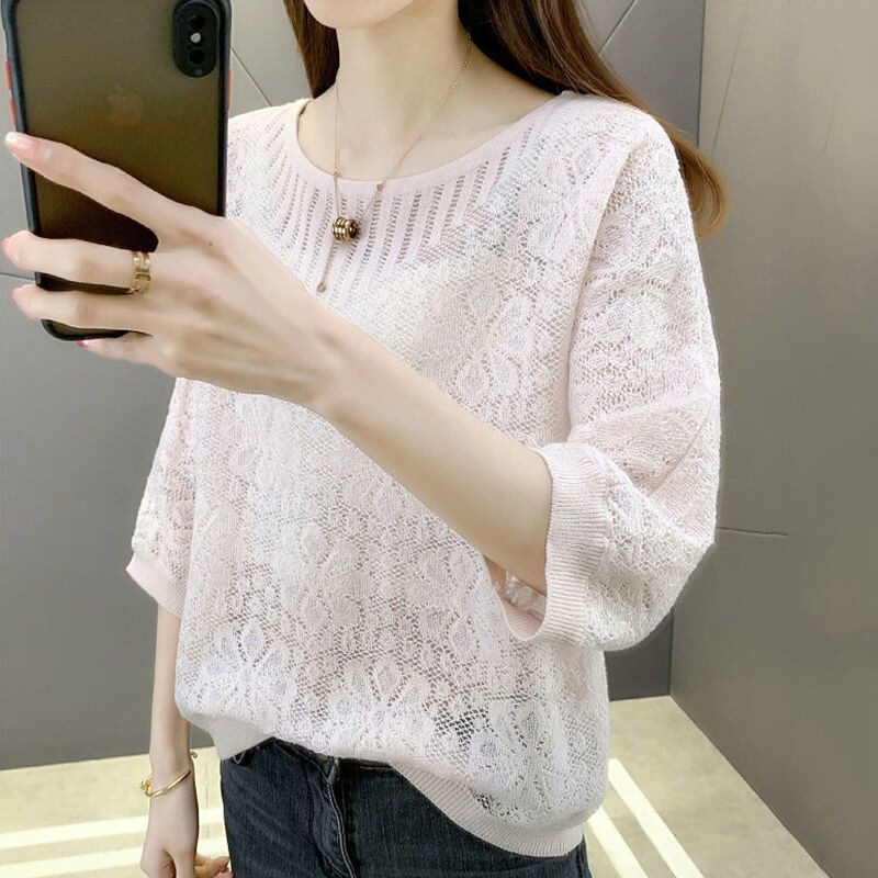[Cashmere Family] Women's Ice Silk Knitted Short-Sleeve Pullover T-Shirt, Thin Hollow-Out Knit Top for Summer