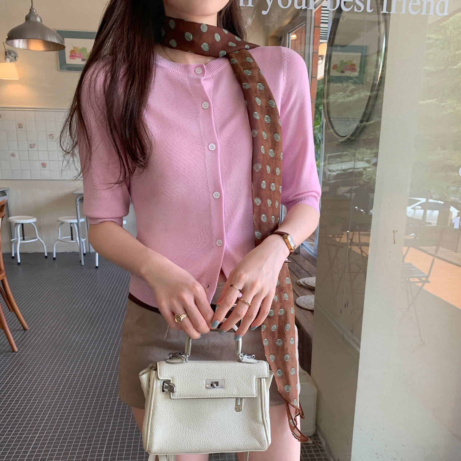 莱赛尔天丝羊毛粉色圆领中袖针织开衫女2025新款早秋五分袖小上衣