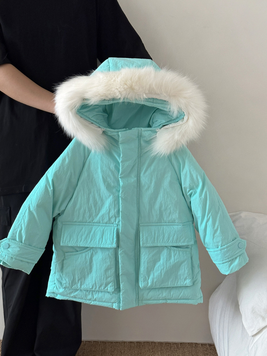 Otoño e Invierno DE LOS NIÑOS abajo chaqueta de media longitud espesado cuello de piel grande pato blanco abajo ropa de los niños abajo chaqueta abrigo de invierno