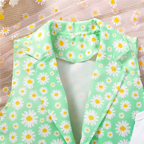 European and American-style kids' summer outfit set: New collection—children's daisy-patterned suit, waistcoat, and wide-leg pants—three-piece set