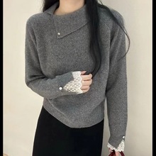 感拼蕾丝软糯设计感翻领毛衣长袖秋冬款女斜领套头针织衫上衣