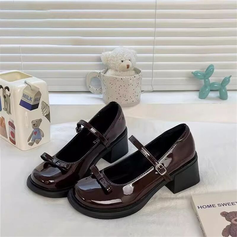 Bowknot Brown Round Toe British JK Small Leather Shoes French Retro High Heeled Mary Jane Shoes Women's 2025 New Summer
