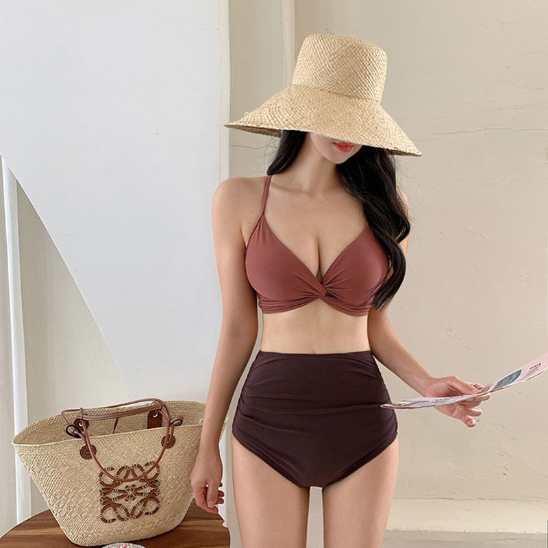 一件代發新款女分體比基尼高腰褲小胸聚攏遮肚顯瘦溫泉度假游泳衣