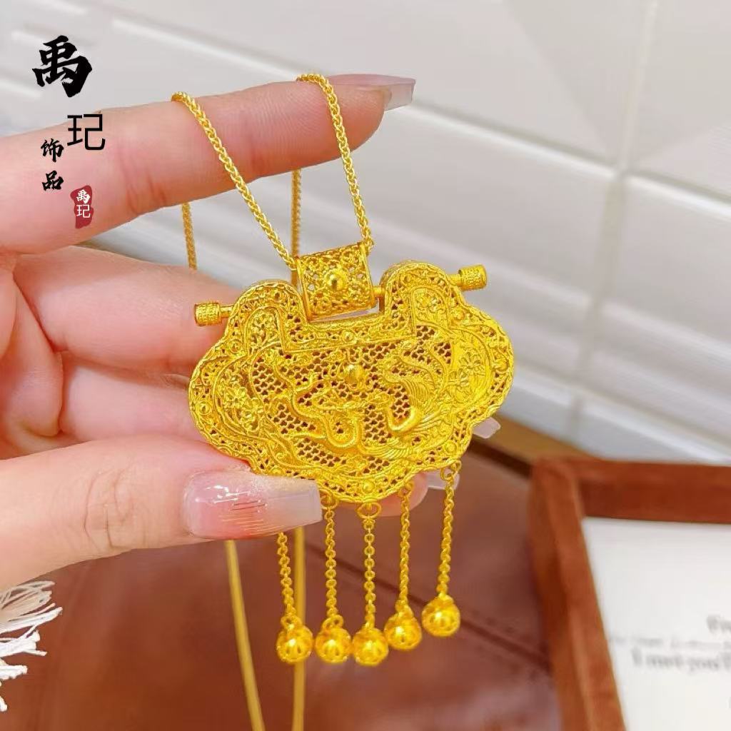 金店同款古法沙金diy配件镂空花丝镶嵌天子门生龙凤流苏锁包批发