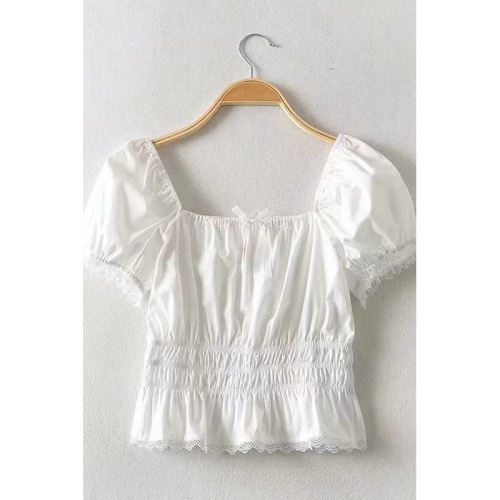 2025 Summer Women's Korean-style Sweet Short Waist-Slimming Niche-Design Bubble Sleeve Off-Shoulder Shirt