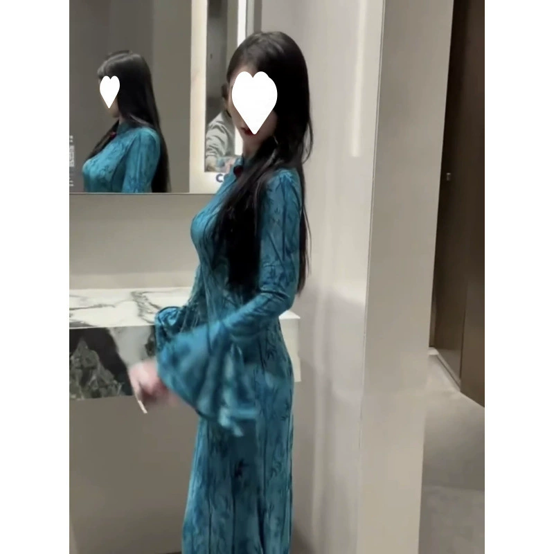 Новое женское осеннее платье в китайском стиле, женственное, нежное, утягивающее, с вырезами, рукавами-колокольчиками и юбкой-рыбкой