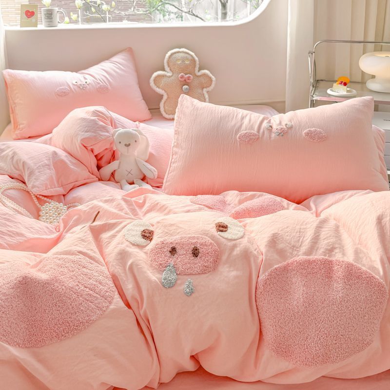 Solid Color Cute Pig Towel Embroidered Washed Cotton Bed Four-Piece Quilt Cover Bed Sheets Student Dormitory Three-Piece Set Solid Color Cute Pig Towel Embroidered Washed Cotton Bed Four-Piece Quilt Cover Bed Sheets Student Dormitory Three-Piece Set