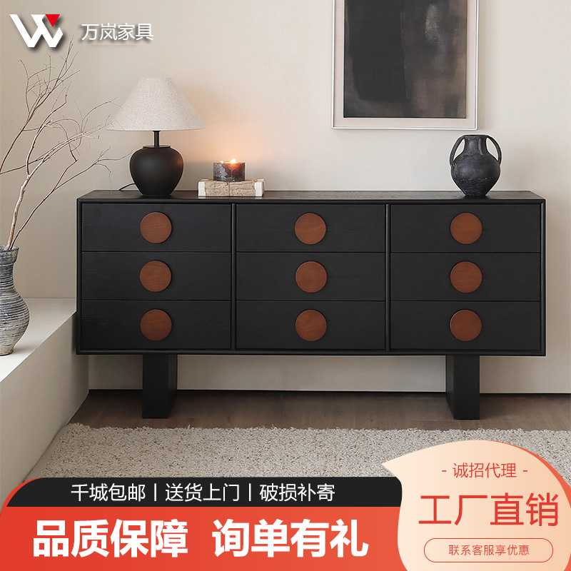 Medieval Style Solid Wood Retro Sideboard Living Room Entrance Nine-Drawer Entrance Cabinet Tv Side Cabinet Small Apartment Bedroom Storage