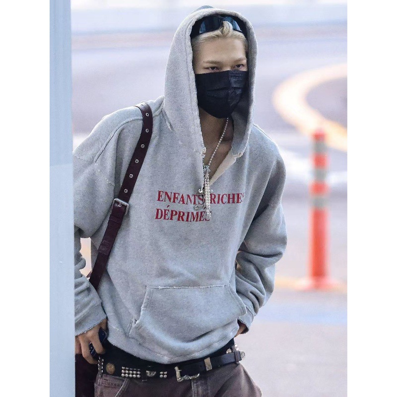 ERD melancholic rich second-generation distressed ripped pin-decorated loose trendy unisex retro distressed hooded sweatshirt