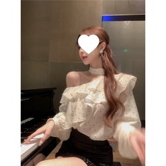 荷叶边波点斜肩雪纺长袖衬衫女2025夏季防晒衬衣宽松显瘦挂脖上衣