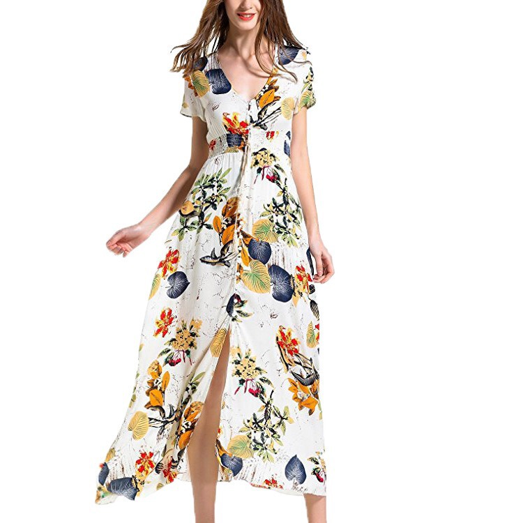 New Bohemian Retro Ethnic Style Floral Holiday Style V Neck Loose Long Dress Long Skirt