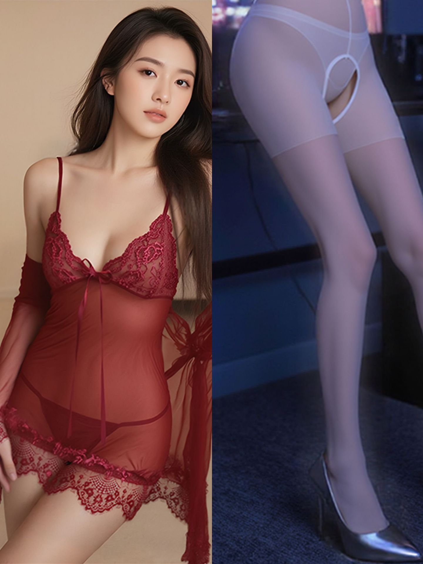 버건디 + 화이트 가랑이 없는 양말