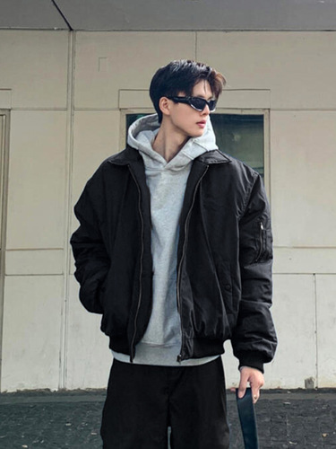 Men's American-style Bomber Flight Jacket Cotton Padded Coat for Spring & Autumn, High-Street Cleanfit Design, Trendy Brand, Collared Baseball Style Cozy Outerwear