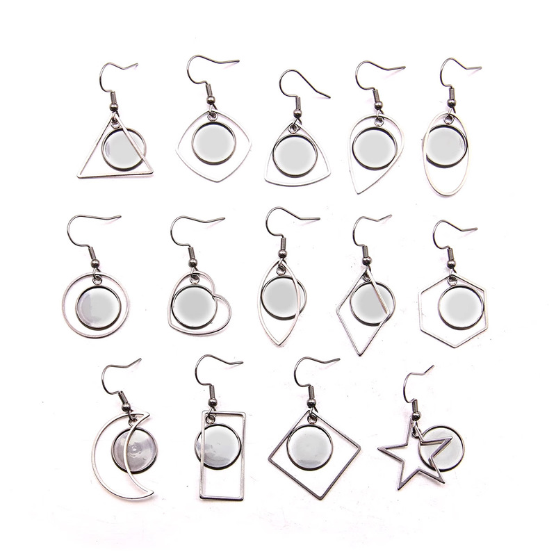 14 Stainless Steel Steel Color Border Geometric Pattern 12mm Base Ear Hook Pendant DIY Abrasive Border