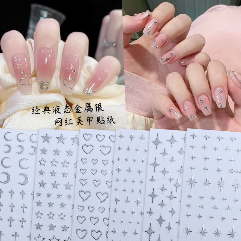 Yueji Cyber Celebrant Liquid Metal Mirror Silver Nail Art Stickers Star Mans Love Pattern Adhesive Nail Stickers Mixed Batch