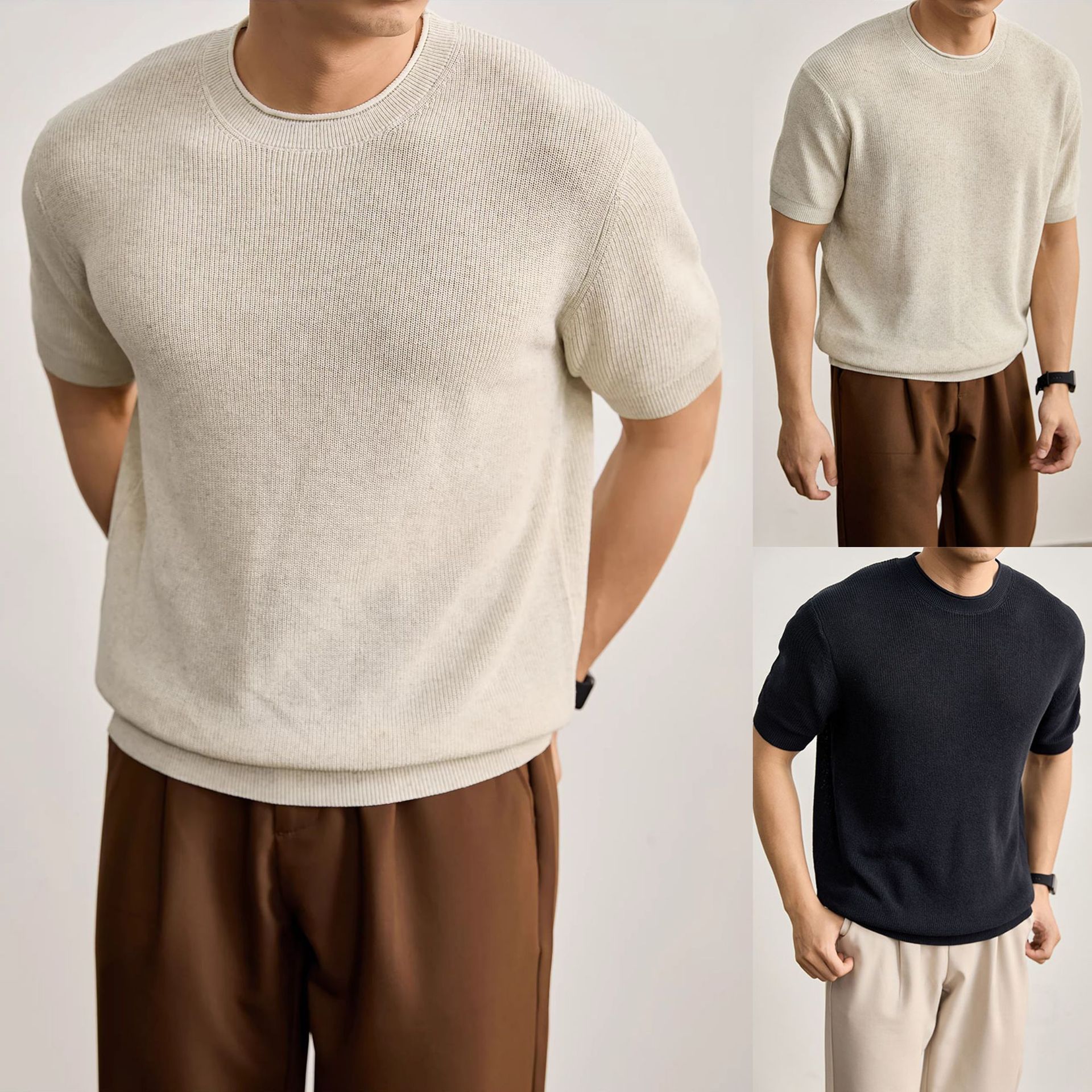 Camisa de punto de manga corta hombre cuello redondo hueco seda de hielo transpirable verano viejo estilo de negocios de color sólido en la fábrica transfronteriza al por mayor