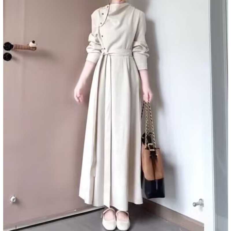 设计暮云归高级感长袖斜门襟连衣裙女秋知识分子风收腰裙 2025秋|undefined