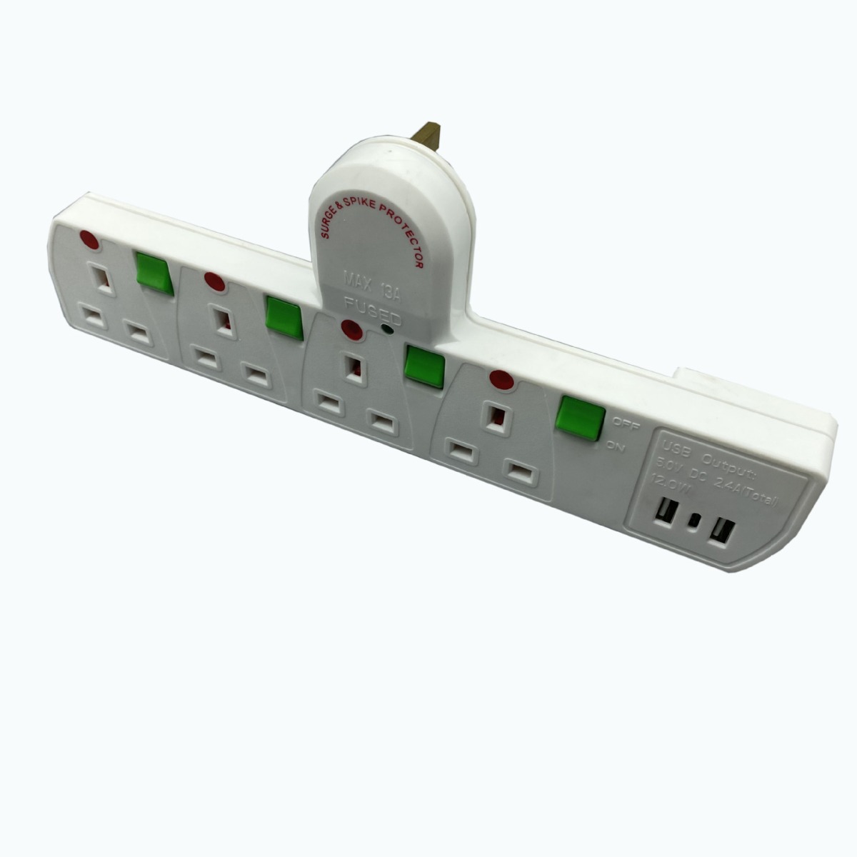 四位T型转换插座，独立开关和指示灯，浪涌保护，带USB，2A+1C