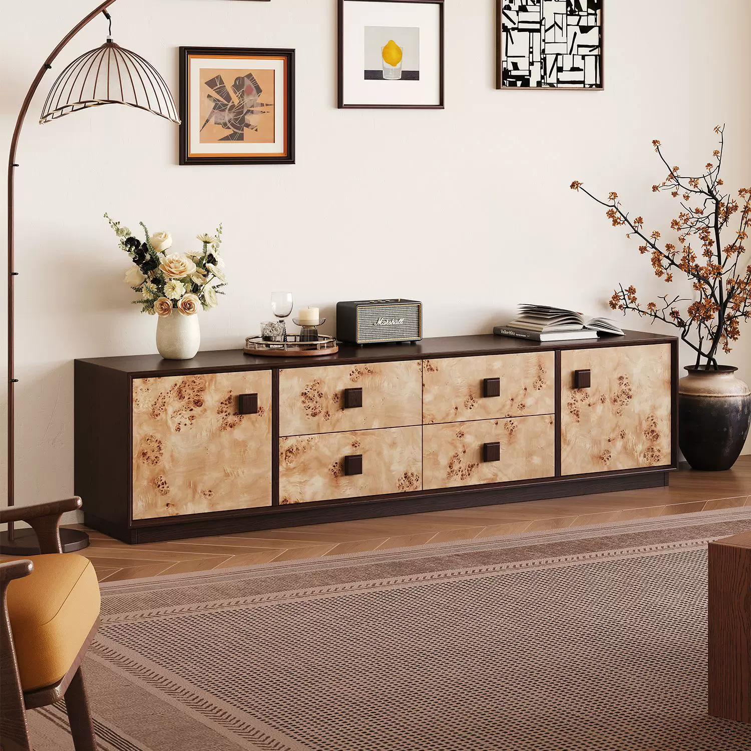 树瘤纹电视柜全实木落地储物柜中古诧寂风客厅家用复古电视机柜