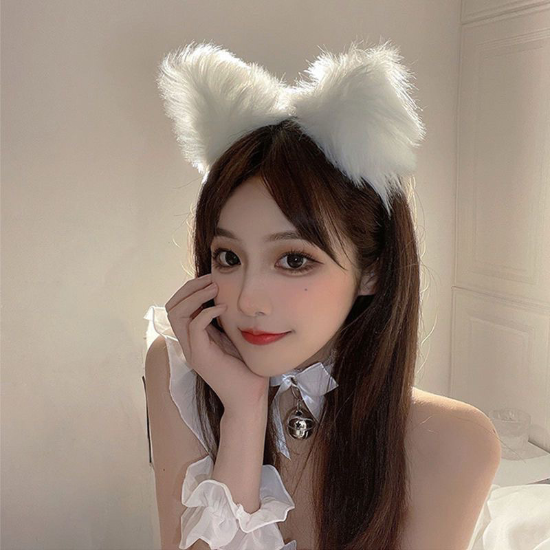 Fox Fur Plush Headband with Cat Ears and Bell Choker, Black — detail image 3