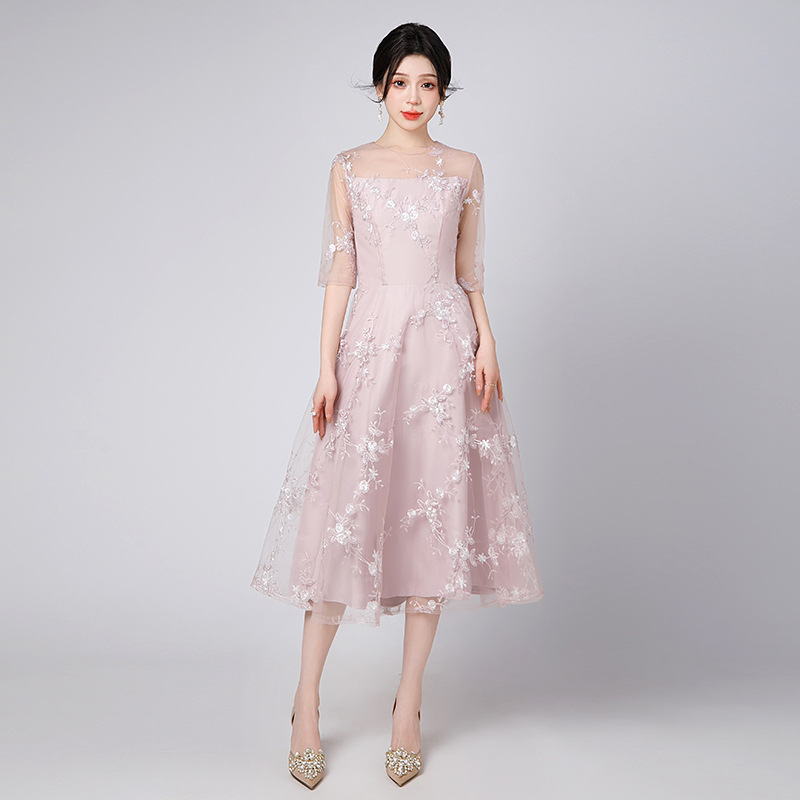 Vestido de noche de encaje 2026, nuevo diseño floral, longitud media, malla, cuello redondo, AliExpress, sitio independiente, vestido petite